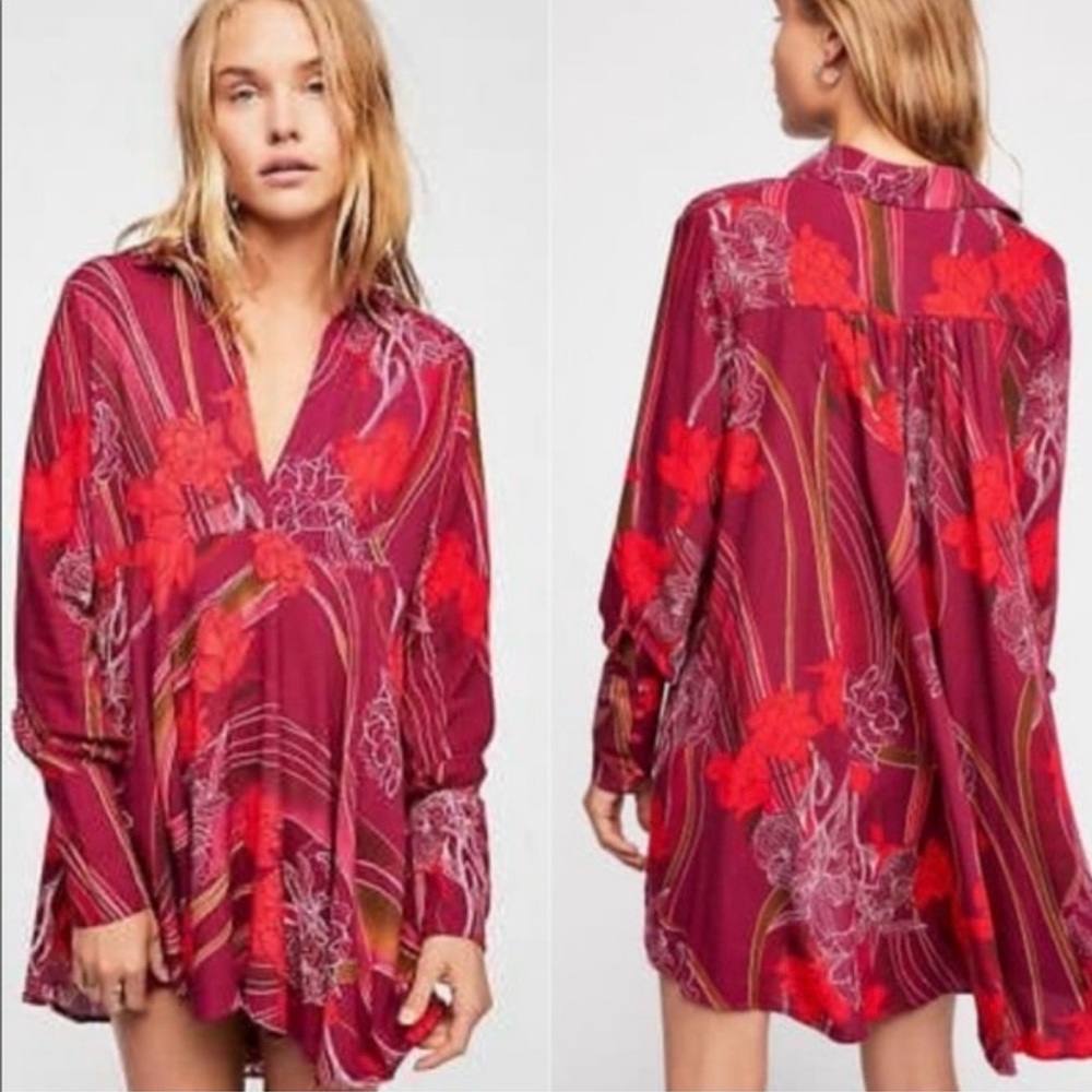 Free People Field of Flowers Long Sleeve Floral Tunic Dress XS